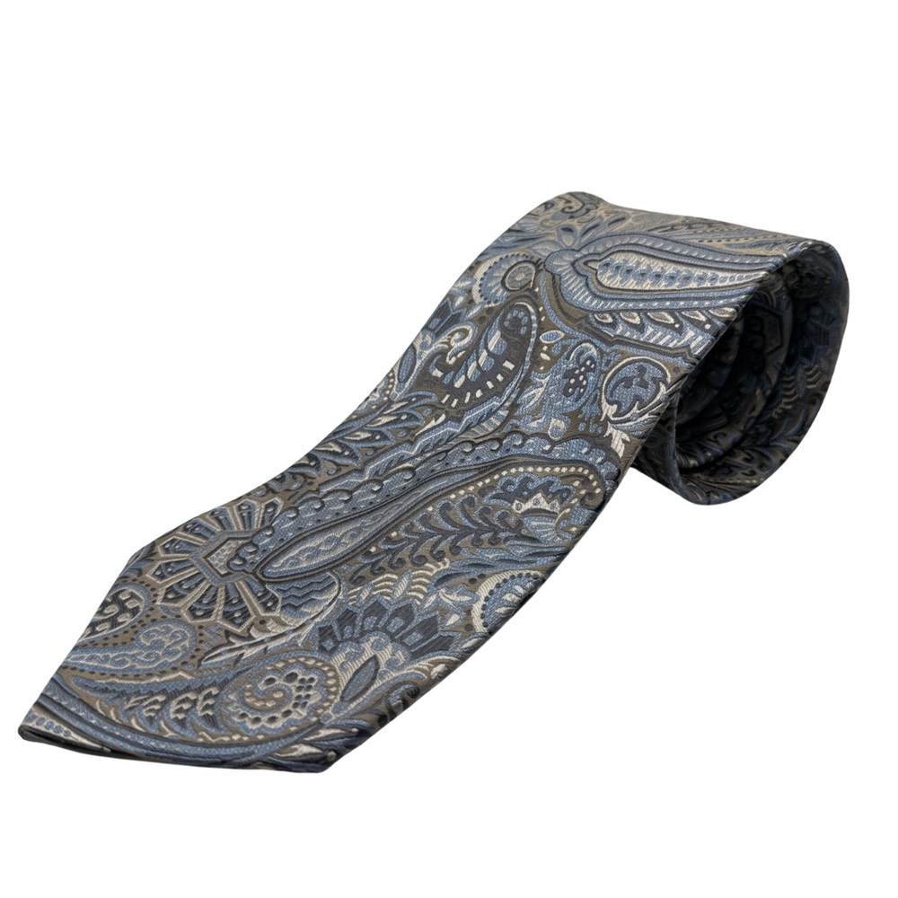 Beau Brummel Silk Tie, Blue & Taupe Paisley, Like New